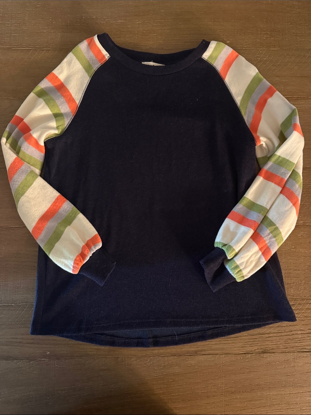 Listicle Navy Raglan Top with Orange and Green Striped Sleeves